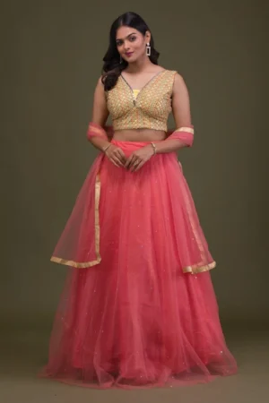Yellow Mirrorwork Net Readymade Lehenga