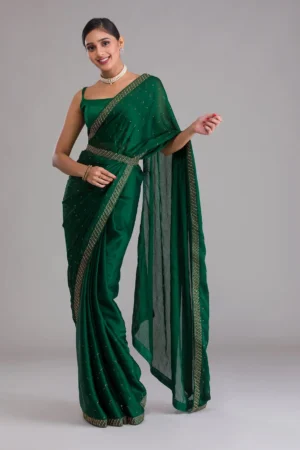 Bottle Green Swarovski Semi Crepe Designer Saree