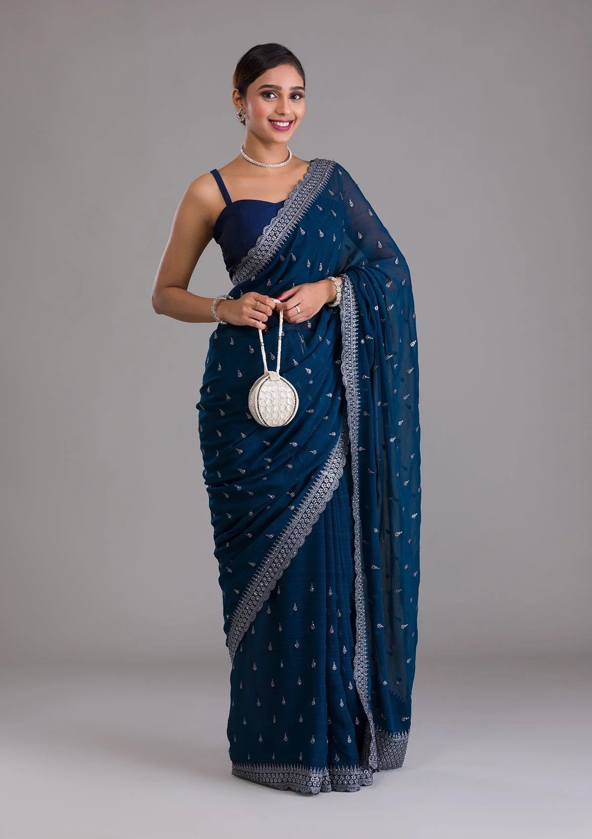 Peacock Blue Stonework Georgette Designer Saree