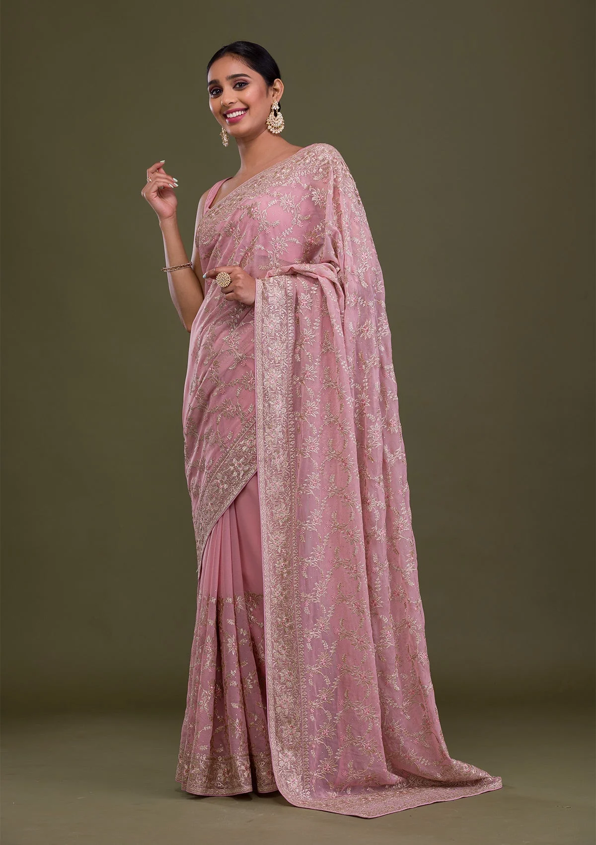 Pink Zariwork Georgette Saree