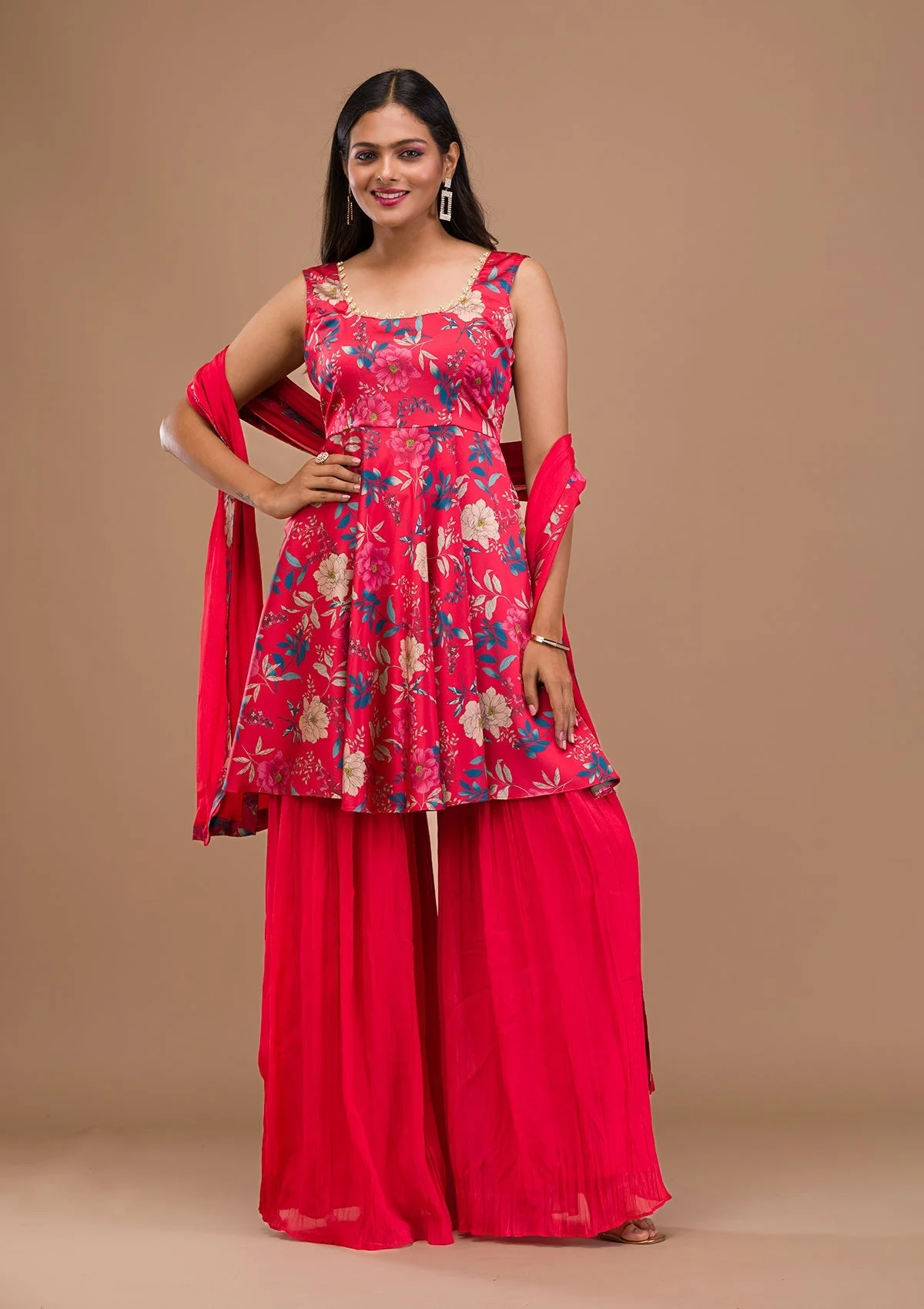 Red Printed Semi Crepe Readymade Sharara Suit